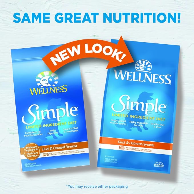Wellness Simple Limited Ingredient Diet Adult Dry Dog Food, Wholesome Grain Kibble, Sensitive Stomach, Skin & Coat Support, Natural, Chicken Free, Duck and Oatmeal Recipe, 26 lb Bag