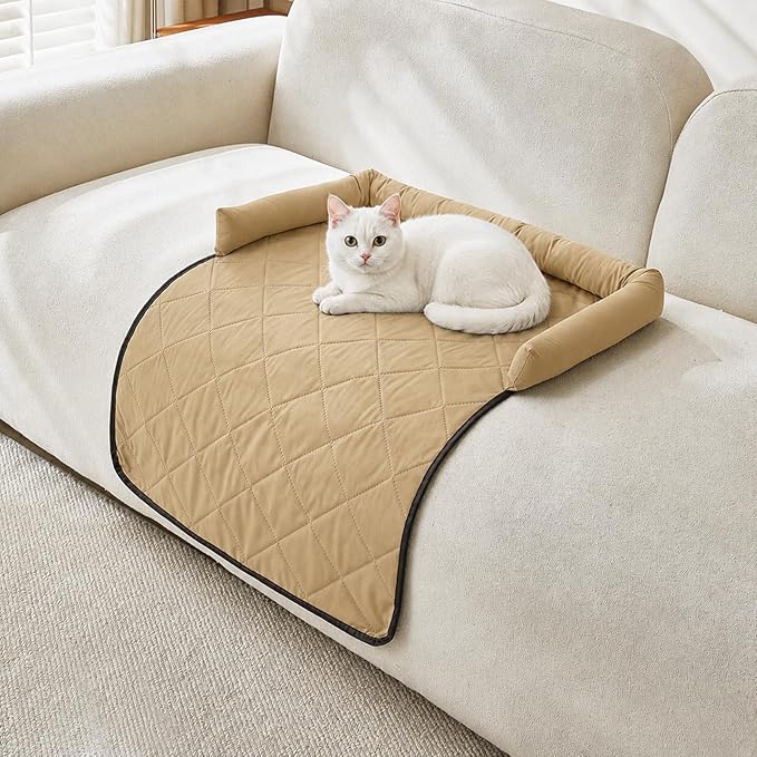 Cooling Dog Bed Mats with Neck & Head Support, 31.5 x 23.62 inch Khaki | for Small and Medium Dogs & Cats, Non-Slip, Machine Washable, Protects Sofa from Fur & Scratches