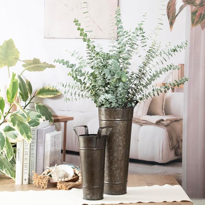 Galvanized Metal Floral Vases with Handles Set of 2 (Charcoal)