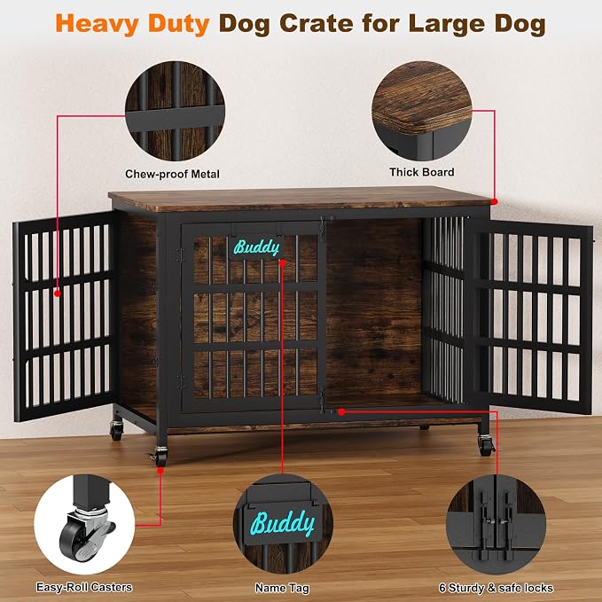EasyCom 46"/42"/33" XXL Heavy Duty Dog Crate Furniture with Casters | Dog Kennel Indoor with Name Tag, Escape-Proof and Chew-Proof Dog Cage for Large High Anxiety Dog, as End Table
