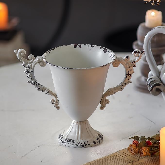 SOFE Shabby Chic White Urn Vases for Table, Small Metal Flower Vase 8" H | Distressed White Design, Lightweight, Suit for Holding Fresh Flowers, Dried Arrangements, Weddings, Housewarming Parties