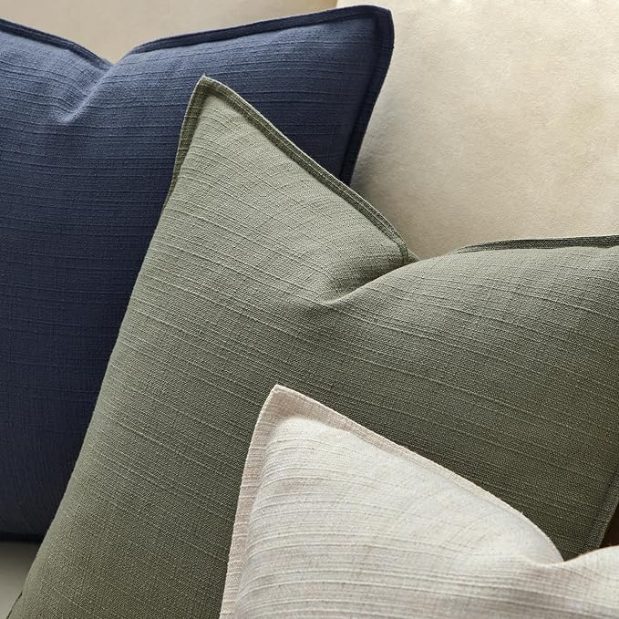 MIULEE Thick Textured Euro Sham Throw Pillow Covers 26x26 Inch Olive Green | Set of 2, Decorative Linen Blend Pillow Cover, Flange Edge Design, Farmhouse Modern Boho Style, Bed Couch Living Room Decor