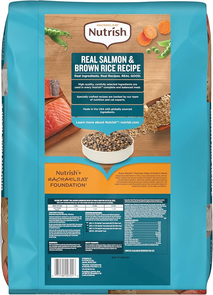 Nutrish Dry Cat Food, Salmon & Brown Rice Recipe, 14 lb. Bag (Rachael Ray) | Suitable for Cats of All Life Stages, No Artificial Flavors, Nature Food with Added Vitamins, Minerals & Nutrients