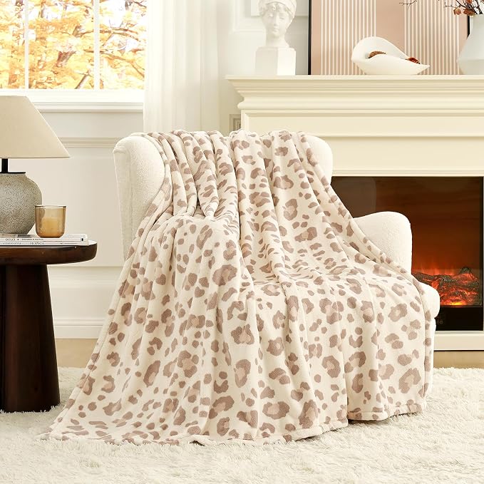 Cozy Bliss Leopard Print Fuzzy Throw Blanket for Bed & Couch, Thick Soft Warm Fleece Blankets for Room Decor, for Kids, Women Men Girls, Khaki Brown Cheetah 60"*80"
