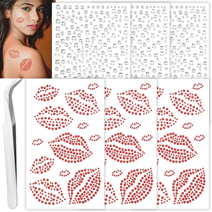 6 Sheets Red Face Gems Self-Adhesive Face Jewels, Red Face Glitter Lip Hair Gems, Festival Kiss Stickers for Makeup, Eye, Hair, Body, Rave Accessories