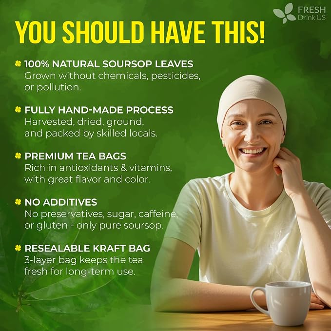FreshDrinkUS, 60 Premium - The Top Soursop Graviola Leaf Tea Bags, 100% Pure & Natural from Soursop Leaves, Handmade, Made With Natural Materials-Corn Fiber Tea Bag, Sugar/Caffeine/Gluten Free, Hoja Guanabana Tea