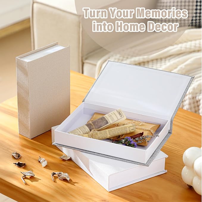 Tioncy 3 Pcs Decor Linen Faux Book Box Set Aesthetic DIY Fake Linen Book Box for Decor Storage Cafe Table Bookshelf Gift Home Keepsake(Multi Sizes,Rice White, Light Grey and White)