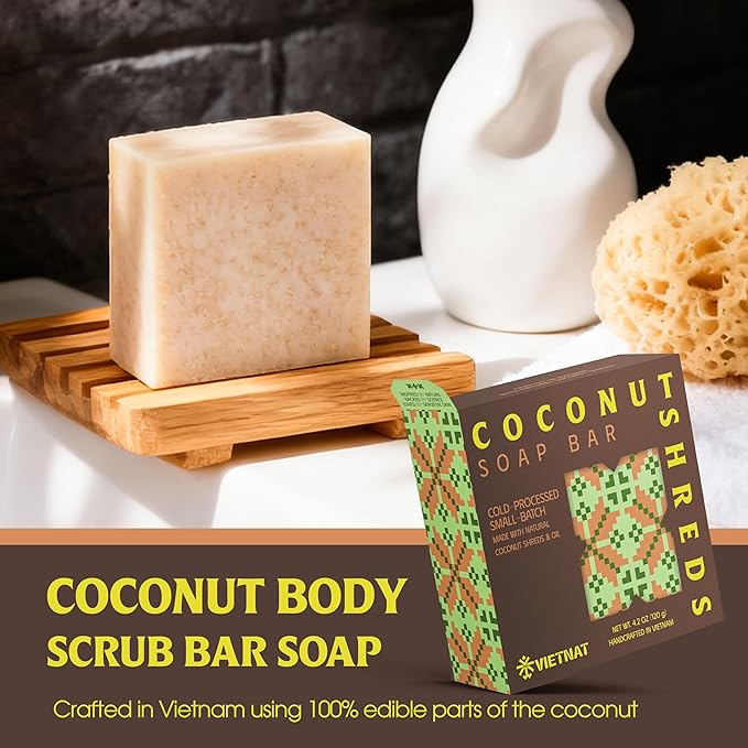 Cold-Process Natural 2-in-1 Soap Bar (4.2 oz) with Coconut Shreds | Light Exfoliation & Creamy Lather Body Bar | Cold-Processed, Handmade in Vietnam (Pack of 1)