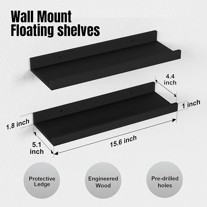 Boswillon Floating Shelves Set of 2, Small Wall Shelf with Lip, 16in, Black | Display Ledge Shelf for Room Wall, Wall Decor Shelves for Bathroom, Living Room, Bedroom, Kitchen, Nursery Room, Modern, Wood