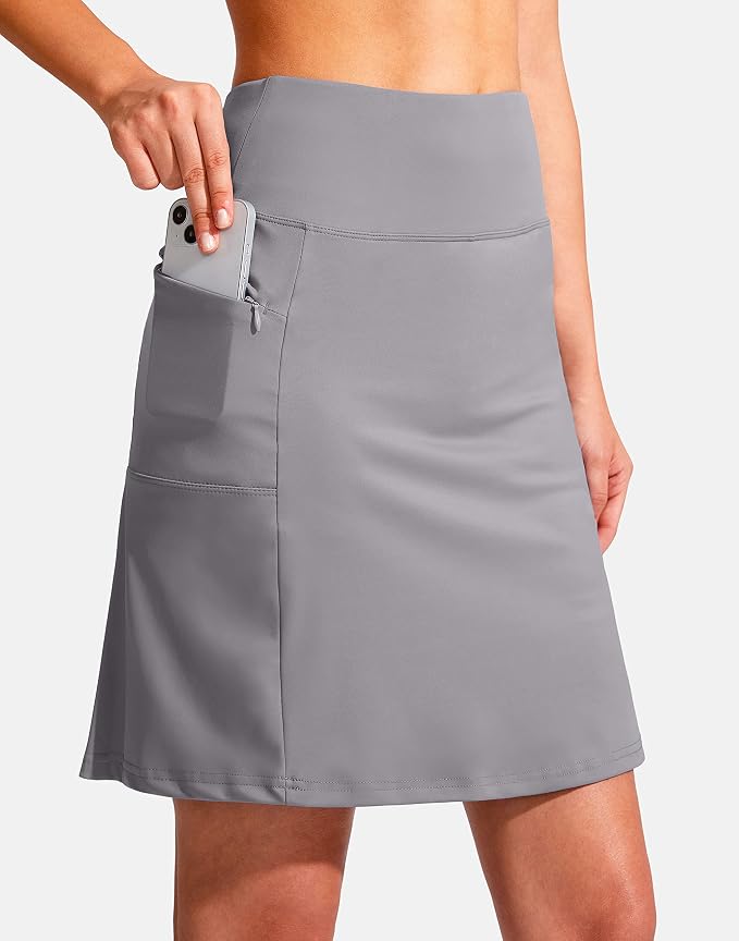 19" Ruffled Golf Skirts for Women | 3 Zipper Pockets, Knee Length, High Waisted, Long Skorts for Athletic, Casual, Tennis, Pickleball