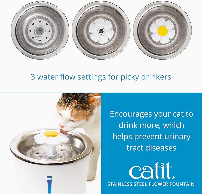 Catit Stainless Steel Flower Fountain with Triple Action Filter, 3 L | Cat Drinking Water Fountain