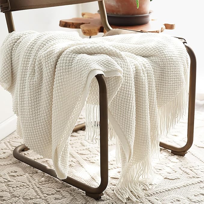 LOMAO Knitted Throw Blanket with Tassels Bubble Textured Lightweight Throws for Couch Cover Home Decor (Cream, 60x90)