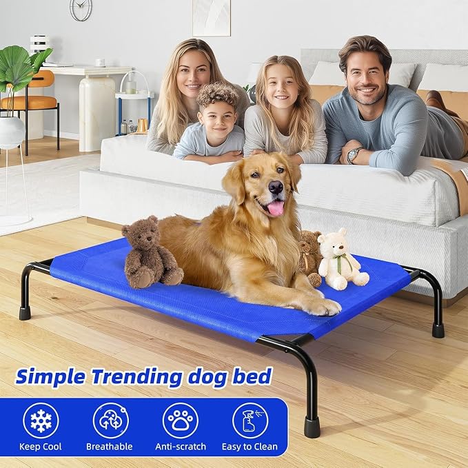 Simple Trending Outdoor Elevated Dog Bed, Cooling Raised Dog Cots, Blue | Pet Bed for Large Dogs, Waterproof Cover, Breathable Mesh, Non-Slip Feet, Suitable for Indoor or Outdoor Use, 47.75" x 30.5"