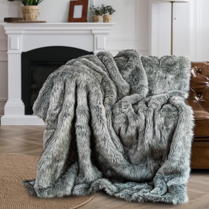 BATTILO Luxury Silver Grey Faux Fur Throw Blanket for Couch, 50"x60", Thick | Soft Cozy Plush Warm Elegant Furry Fluffy Faux Fur Blanket for Bed, Sofa, Living Room, Long Pile with Black Tips