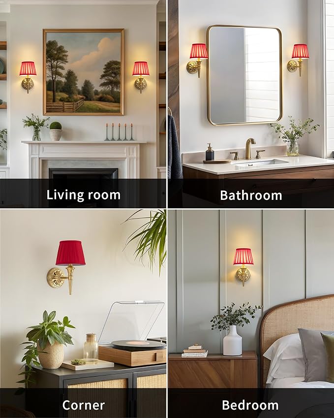 KDG Cordless Gold Wall Sconces Set of 2, Red Fabric Lampshde Wall Lamps | Small LED Wireless Portable Rechargeable Battery Lighting for Wall Painting, Living Room, Bedroom, Hallway, Gifts, Nightlight