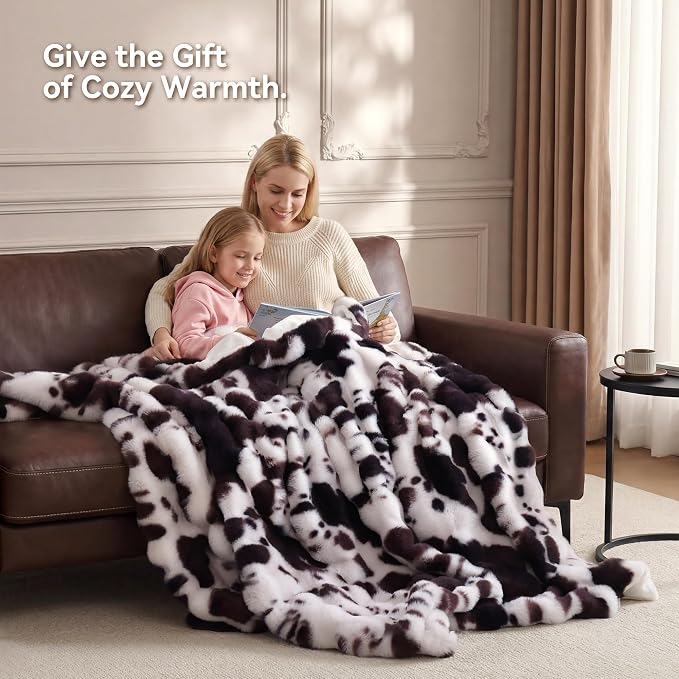 Faux Rabbit Fur Throw for Couch - Cow Brown Bubble Blanket 60"x80" | Fluffy Plush Fuzzy Throw for Sofa & Bed, Super Soft Cozy Comfrt Blanket, Luxury Aesthetic Cow Print Decor Gift for Women