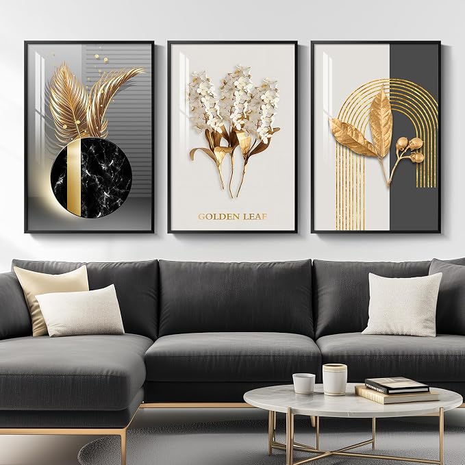 Framed Modern Luxury Large Wall Art for Living Room, Set of 3 Piece Black White Gold Contemporary Abstract Paintings Artwork for Walls, Big Prints Pictures for Office Wall Decor -Total 30" x 60"