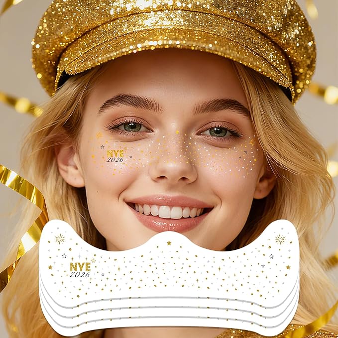 NYE 2026 Face Tattoos - Glittering Freckles Stars & Fireworks in Metallic Gold & Silver | Waterproof Freckle Gems for New Years Eve Party Supplies 2026, Celebration Makeup & Festive Glow Up