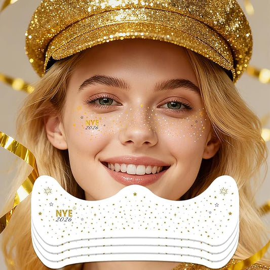 NYE 2026 Face Tattoos - Glittering Freckles Stars & Fireworks in Metallic Gold & Silver | Waterproof Freckle Gems for New Years Eve Party Supplies 2026, Celebration Makeup & Festive Glow Up