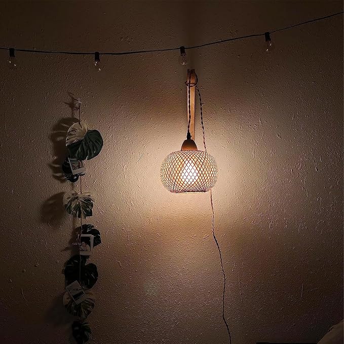 Frideko Bamboo Lantern Plug in Wall Sconces Wicker Wall Lamp with Plug in Cord Hand Woven Rattan Wall Light Farmhouse Rustic Wall Sconces Boho Sconces Wall Lighting for Living Room Bedroom