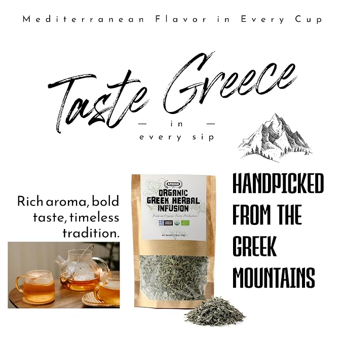 APSOGO Organic Herbal Tea Loose Leaf - Greek Mountain Tea Blend with Sage, Lemon Balm & Dittany - Caffeine Free Herbal Tea - Loose Leaf Herbal Tea from Greece (1.76oz)