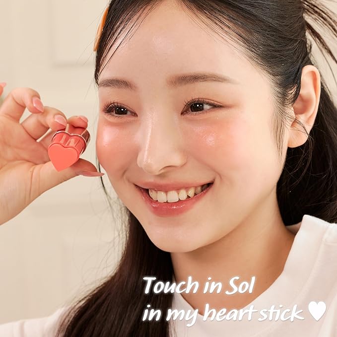 TOUCH IN SOL In My Heart Stick Blush (#Sunset Coral) - Cream Blush Stick for Korean Makeup, Lip & Cheek Multi-Use, Blendable Milk Blusher for Dewy Glow, Kbeauty (0.21 Oz)