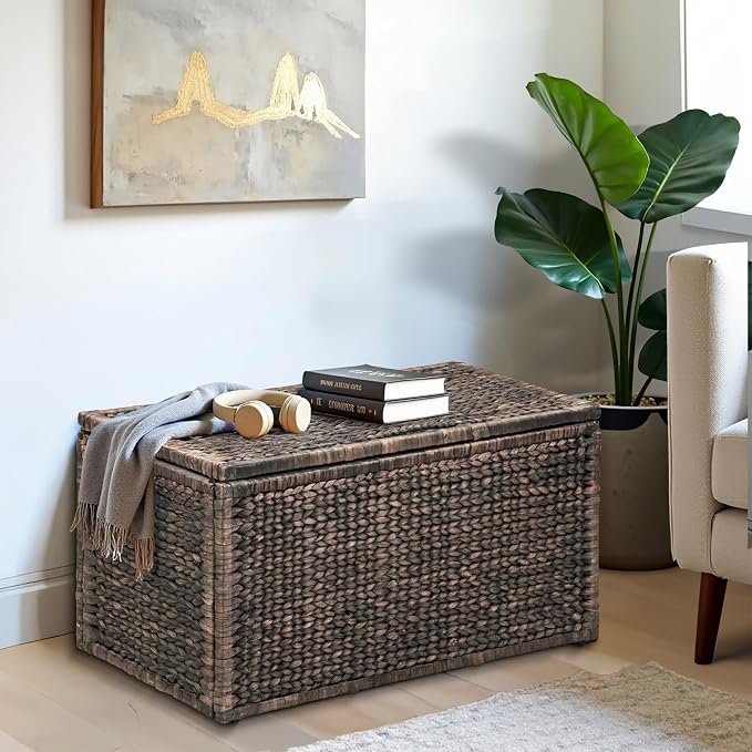 Wicker Storage Trunk, Brown Wash, 36x20x18.5 | 2 Safety Hinghes, Metal Frame, Heavy-duty, Water Hyacinth