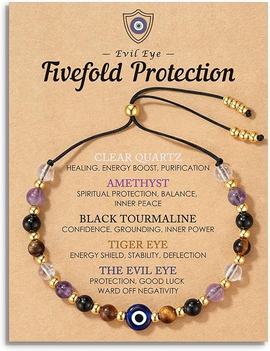 Evil Eye Dainty Bracelet - Natural Crystal Protection Bracelet - 5 Healing Stones Clear Quartz Amethyst Black Tourmaline Tiger Eye Adjustable Spiritual Guardian Jewelry Gift with Meaning Card