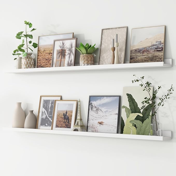 Picture Ledge Shelf, Long Floating Shelves for Wall, 56" W Set of 2, White | FSC Certified Engineered Wood, Wall Mounted Bookshelf, for Nursery Living Room Bedroom, Easy Install