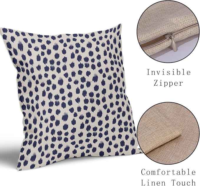 Navy Blue Cream Pillow Covers 18x18 Set of 2 Polka Dot Throw Pillows Outdoor Boho Design Brush Strokes Decorative Pillowcase Square Cushion Cover Linen Pillow Case for Home Sofa Couch Bed