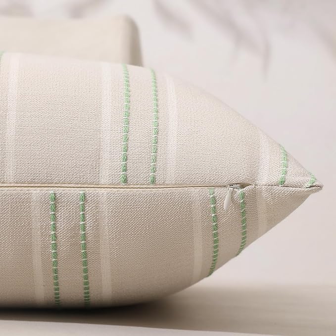 Hckot Stripe Throw Pillow Covers 12x20 Set of 2 Light Green Pillow Covers | Farmhouse Decorative Pillows Textured Linen Square Cushion Covers for Sofa Couch Bed Living Room Decor