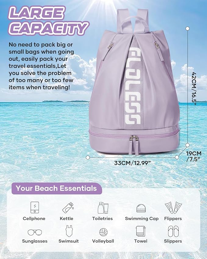 Gym Backpack for Women with Shoe Compartment, Sport Backpack Casual Daypack for Girls, Small Cheer Bag Outdoor Leisure with Toiletry Bag, Purple