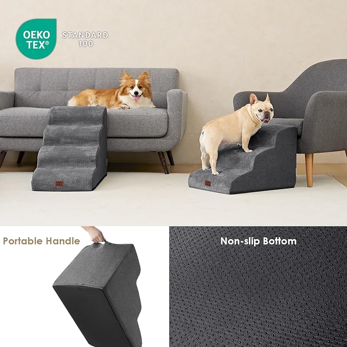 EHEYCIGA Curved Dog Stairs Ramp, 3-Step Dog Steps, 15.8" H Pet Step | 33D density of pure foam, for Small Dogs and Cats, Pet Stairs for High Bed Climbing, Non-Slip Balanced Pet Step Indoor, Grey