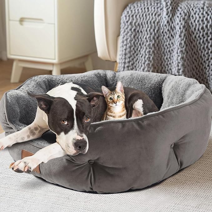 Large Dog Bed for Large Dogs, Cat Beds for Indoor Cats, Pet Bed for Puppy and Kitty, Extra Soft & Machine Washable with Anti-Slip & Water-Resistant Oxford Bottom, Grey, 35 inches