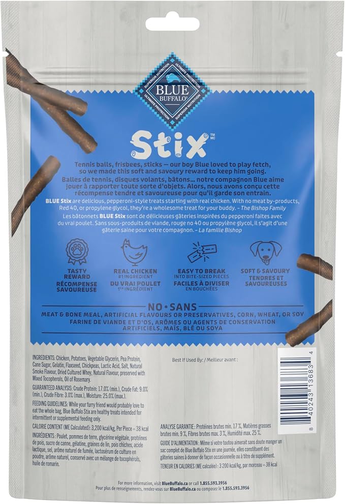 Blue Buffalo Stix Chicken Pepperoni-Style Dog Treats, 6 oz | Real Chicken #1 Ingredient, Soft & Easy to Tear, Developed by Veterinarians & Nutritionists, Great for Training