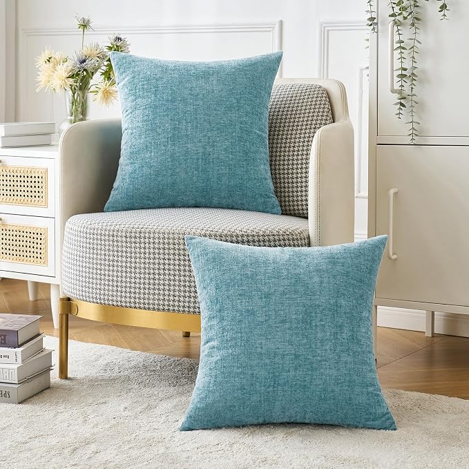 MIULEE Soft Chenille Throw Pillow Covers Smoke Blue 18x18 Inch Pack of 2 | Modern Coastal Home Decor, Classic Decorative Pillows, Solid Dyed Cases, Boho Couch Cushion Covers for Sofa Bed Living Room