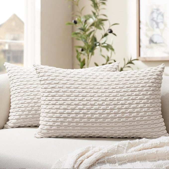Softalker Corduroy Decorative Throw Pillow Covers 12x20, Set of 2, Beige | Soft Boho Striped Pillow Cases, Couch Fluffy Cushion Covers for Farmhouse Home Decor Bed Living Room