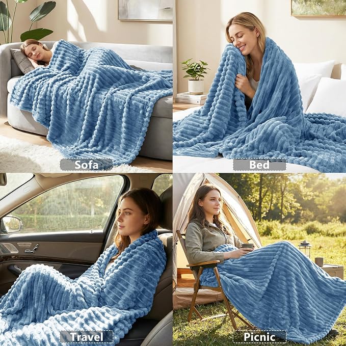 HIMEET Grayish Blue Queen Blanket for Bed, 300GSM Ribbed Fleece, 90 x 90 in | Ultra Soft Flannel, All-Season Lightweight Warmth, Cozy Bed Coverage & Bedroom Decor, Gift for Men & Women, Machine Washable