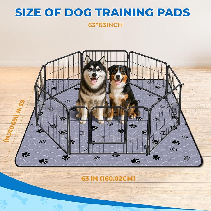 Fostanfly Washable Pee Pads for Dogs, Ultra-Absorbent, 63"x63"-2 Pack, Gray | Large Reusable Potty Training Pads, Leak-Proof, Non-Slip, Large Puppy Pads for Potty Training, Whelping, Crate and Playpen