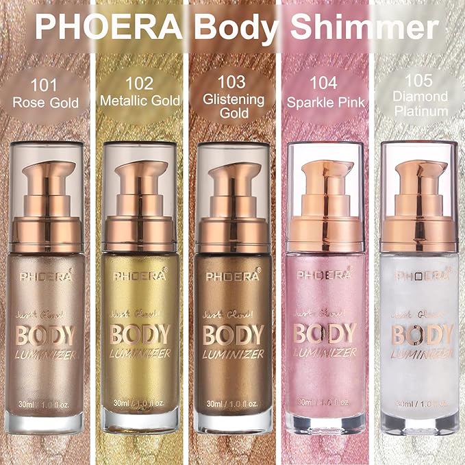 PHOERA Body Shimmer Oil, Bronzer Body Glow Highlighter Luminize with Makup Bursh,Self Tanning Lotion,1oz/Jars (101 Rose Gold)