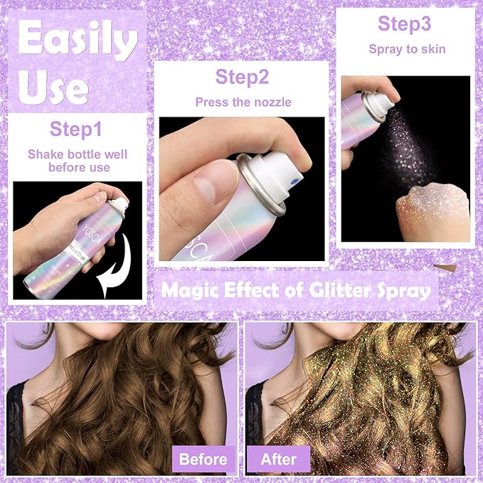 YOSCA Body Glitter Spray, 150ML Holographic Glitter Hairspray, Shiny Glitter Spray for Hair Body Clothes, Quick-Drying and Long-Lasting Shimmer Powder for Festival Music Concert Party Rave Accessories