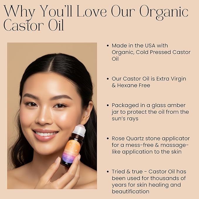 Organic Cold Pressed Castor Oil with Rose Quartz Roll On for Face & Body Made in USA Hexane Free Pure for Skin, Brows & Lashes, Massage, Castor Oil Packs 1.69 Oz