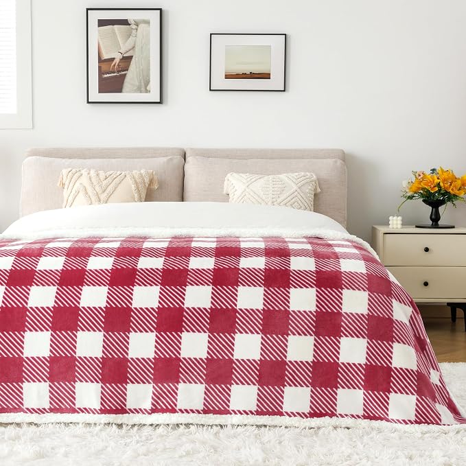 Sherpa Plaid Twin Blanket 60" X 70", Fuzzy Fluffy Soft Cozy Throw Blanket, Twin Size Plush Fleece Flannel Plush Microfiber Blanket for Couch Bed Sofa (RustRed)