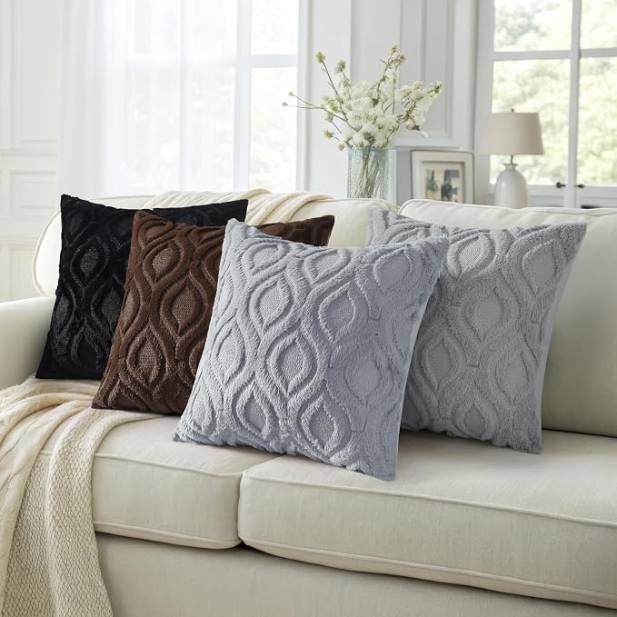 decorUhome Faux Fur Plush Soft Blue Grey Throw Pillow Covers 16x16 Set of 2 | Wool Solid Fall Couch Pillow Covers, Accent Modern Farmhouse Neutral Decorative Square Pillow Cases for Sofa Bed Living Room