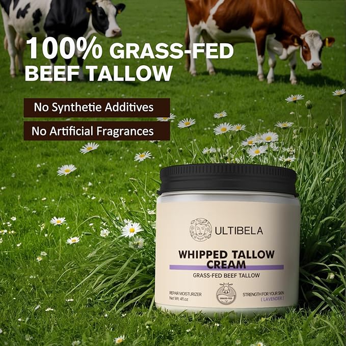 100% Grass-Fed Handmade Beef Tallow for Skin Care, Whipped Tallow and Honey Balm for Body ＆ Face Natural Body Cream for Dry & Sensitive Skin, 4OZ (Lavender)