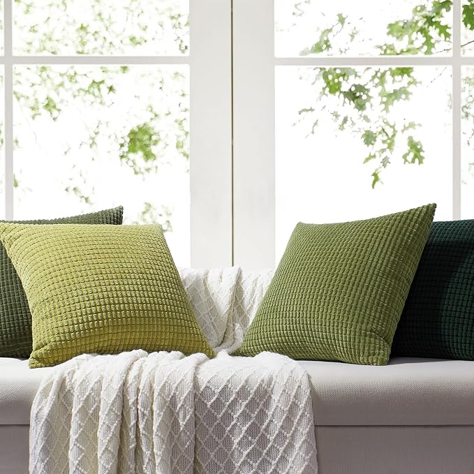 Softalker Corduroy Decorative Throw Pillow Covers 20x20, Set of 4, Green | Soft Boho Striped Pillow Cases, Couch Fluffy Cushion Covers for Farmhouse Home Decor Bed Living Room