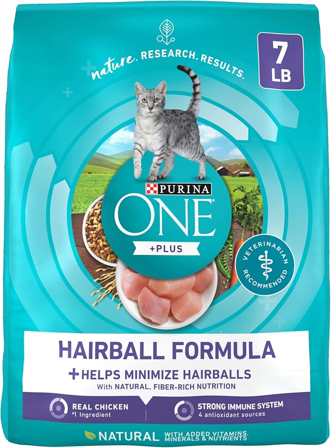 Purina ONE Natural Hairball Control Dry Cat Food, 7 lb Bag | Real chicken high fiber formula with added vitamins and minerals for overall health for adult cats and minimizes hairballs