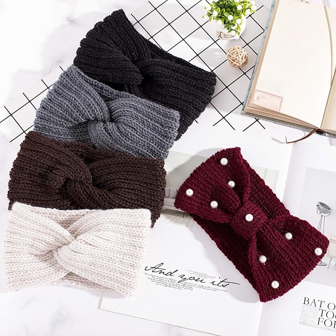 Whaline 5 Pieces Winter Knit Headbands Chunky Knit Headbands,4 Elastic Turban Head Wraps and 1 Pearl Crochet Hair Band, Ear Warmer Crochet Head Wraps for Women Girls (Autumn&Winter Colors)
