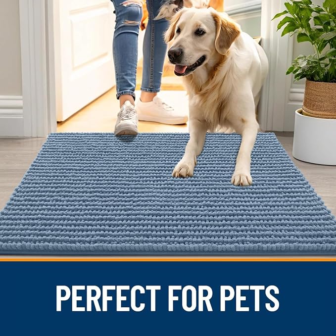 OLANLY Dog Door Mat for Muddy Paws 59x24, Extra Absorbent Chenille Mud Mat | Airy Blue, Absorbs Moisture and Dirt, Non-Slip Machine Washable Doormat, Quick-Drying Indoor Entryway Floor Mat for Dogs