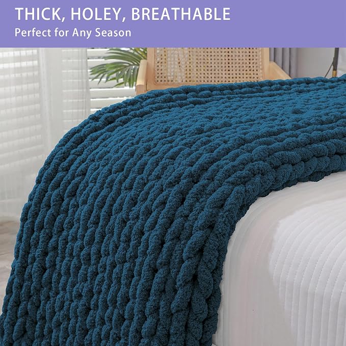 Bigacogo Chunky Knit Throw Blanket for Couch, 40x80 inches, Deep Sea Blue | Hand Knit with Jumbo Chenille, Soft Breathable Cable Knit for Sofa Bed Living Room, Machine Washable, Gift for Mom Friend